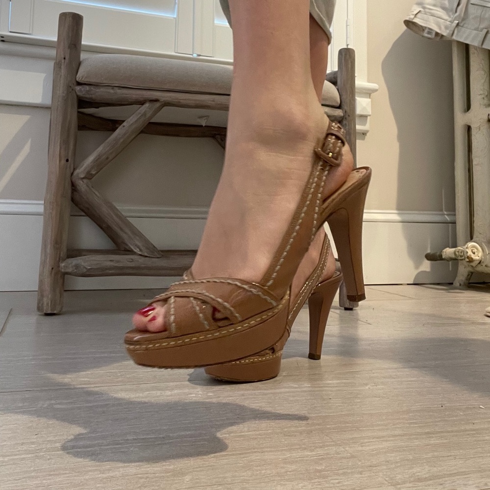 Prada patten leather out stitched heels